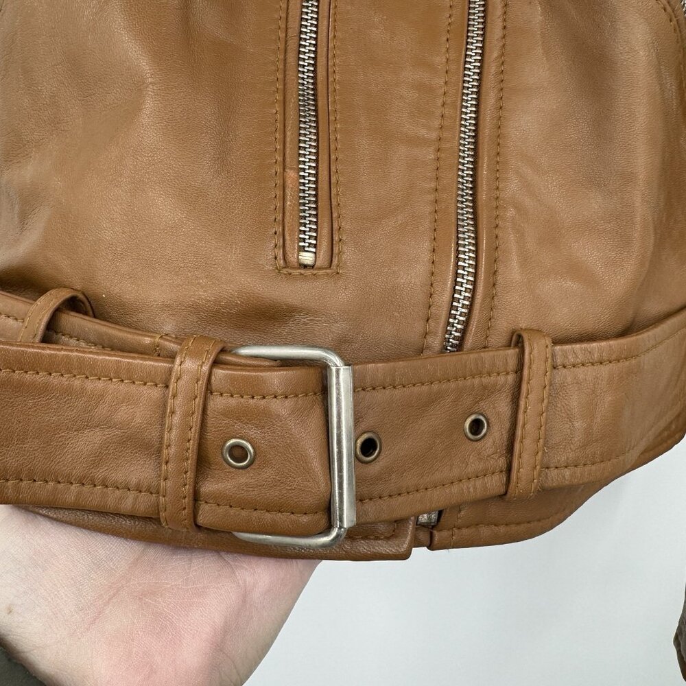 Quince Women's Cognac Leather Motorcycle Jacket size XS Sheep Leather Belted - Picture 10 of 16